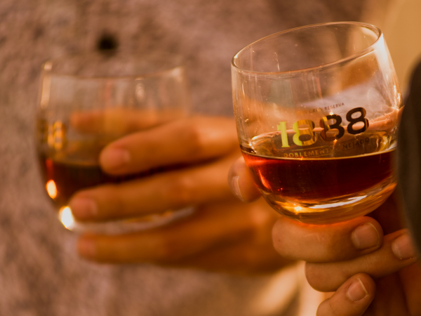 Hands holding glasses of Brugal 1888 rum
